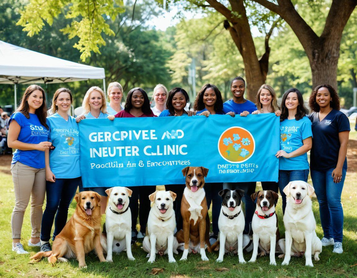 A heartwarming scene showcasing a diverse group of people in Georgia actively participating in a community spay and neuter clinic, surrounded by happy animals of various breeds. Include banners advocating animal welfare, people engaging with pets, and a sunny park setting filled with trees and flowers. The atmosphere exudes joy, compassion, and teamwork. super-realistic. vibrant colors. cheerful tone.