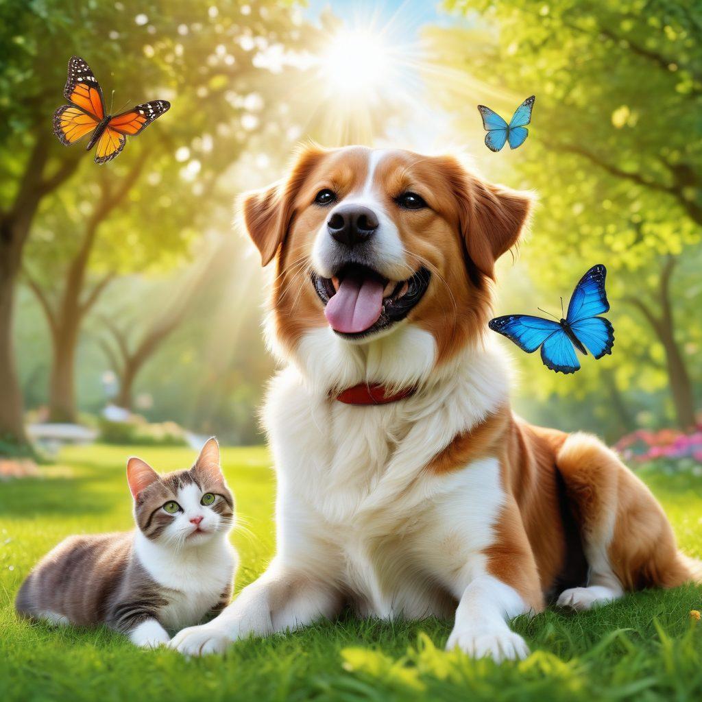 A joyful scene featuring a happy dog and cat together in a bright, green park with butterfly accents, symbolizing their healthy and vibrant lives after being spayed or neutered. The sun is shining, creating a warm and welcoming atmosphere, with a veterinarian's tools in the background to signify professional care. Vibrant colors. super-realistic.