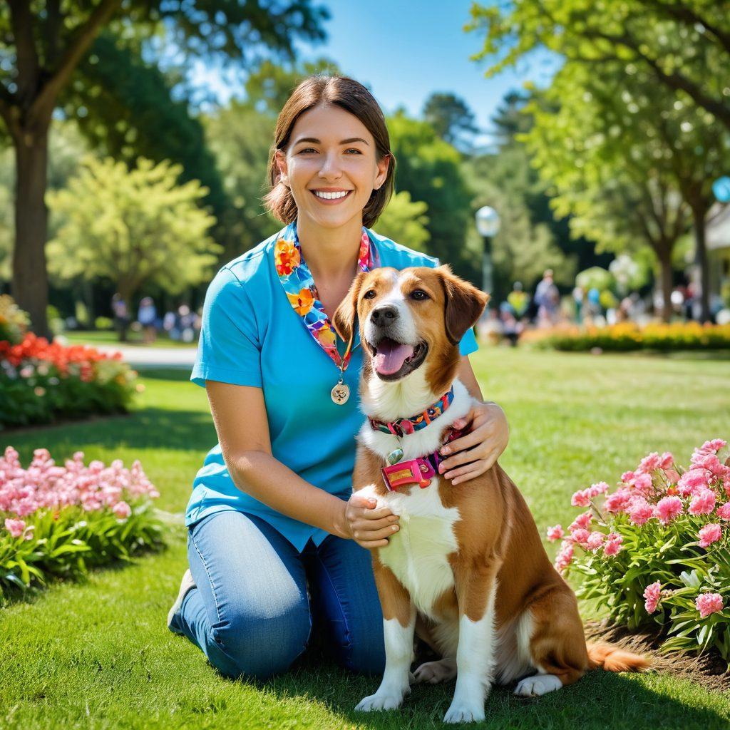A heartwarming scene of a joyful pet owner with a happy dog and cat, both wearing colorful collars, in a sunny Georgia park. Surround them with lush greenery, blooming flowers, and a clear blue sky to symbolize a brighter future. Include an informative banner in the background that promotes spaying and neutering awareness. super-realistic. vibrant colors. cheerful atmosphere.